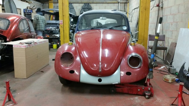 Genuine VW front quarters and valance were used. Lining the new parts up